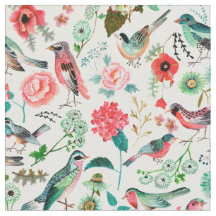 Tissu Élégant rose en vert motif Fleurs Motif d'oiseaux