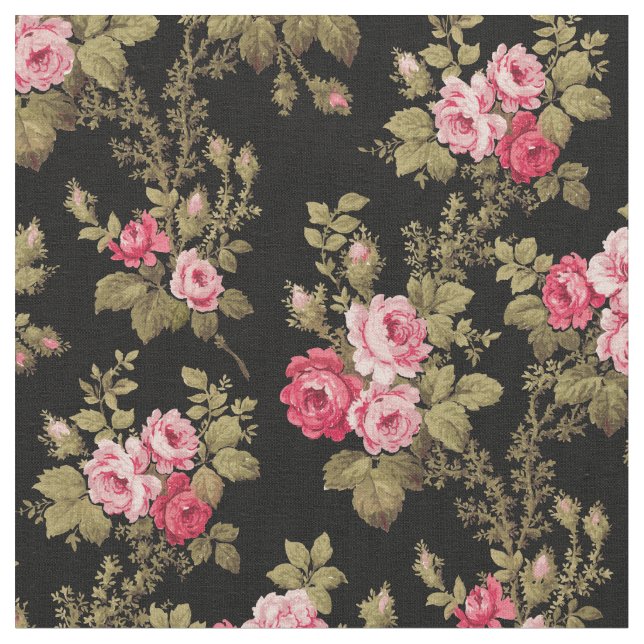 Tissu Élégant rose Vintage Roses-Black Arrière - plan (Fermer)