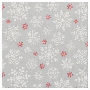 Tissu Élégant Snowflakes blanc et rouge sur gris argenté