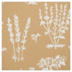 Tissu Élégant Tan Orange White Herbal Garden Motif