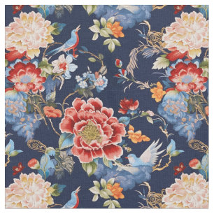 Tissu Élégante chinoiserie florale bleue