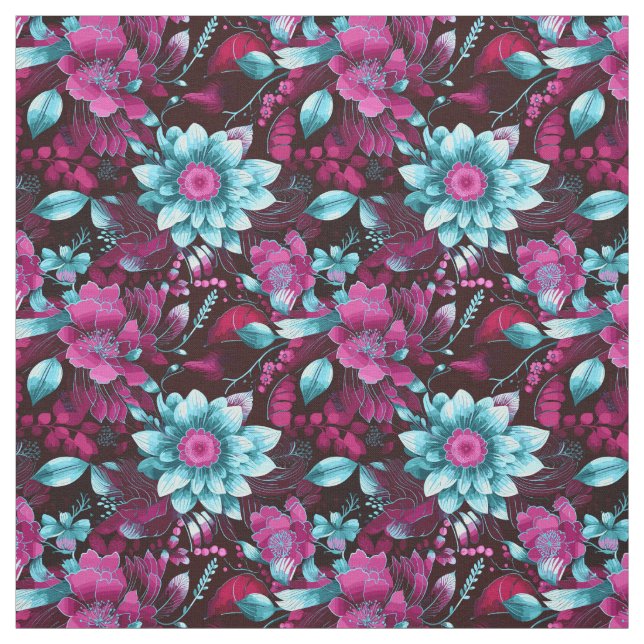 Tissu Elégante Magenta & Pale Blue Boho Chic Floral (Échantillon)