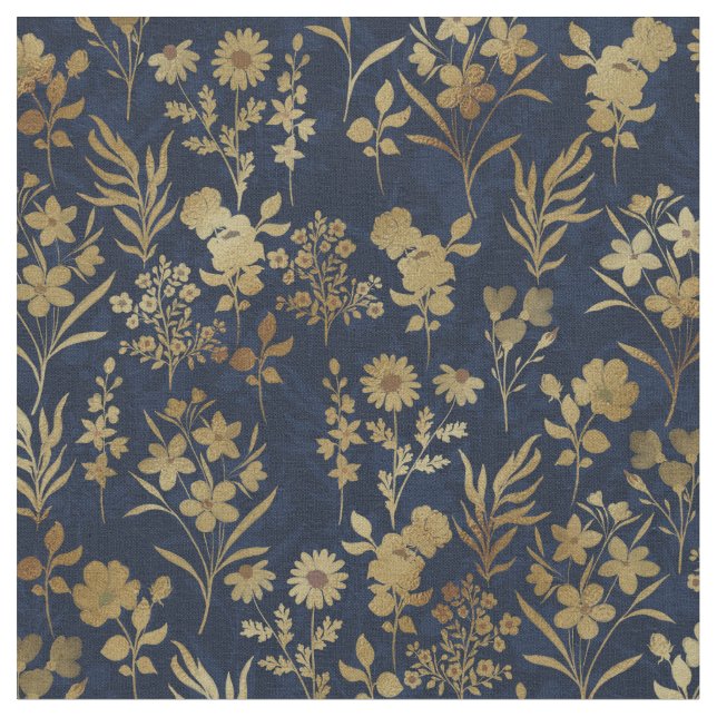 Tissu Élégantes Fleurs d'or Bleu Botanique (Fermer)