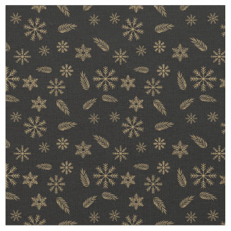 Tissu Élégants flocons de neige noirs et d'or et Feuille
