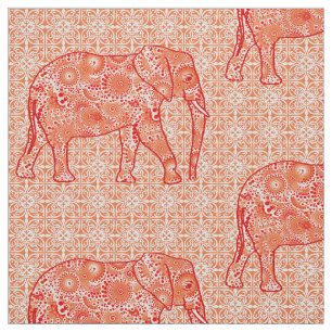 Tissu Éléphant de fleur de mandala - orange et blanc d