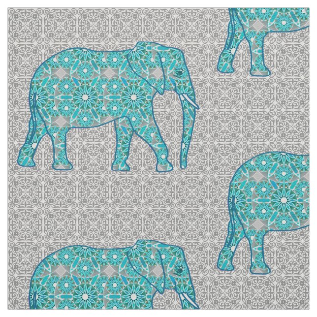 Tissu Éléphant de fleur de mandala - turquoise, gris et (Échantillon)