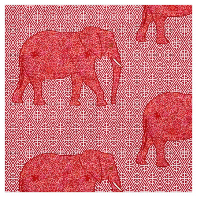 Tissu Éléphant de fleur - rouge-foncé et de corail (Échantillon)