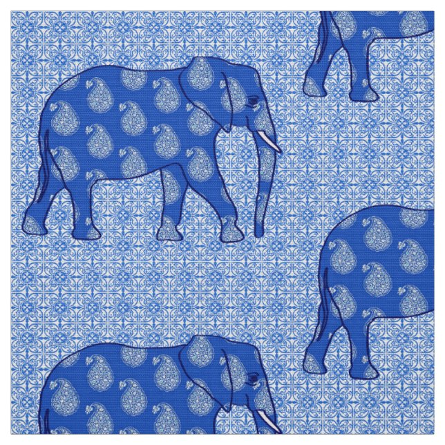 Tissu Éléphant de Paisley - bleu et blanc de cobalt (Échantillon)