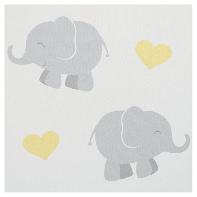 Tissu Eléphants et Motifs de Coeurs Jaunes et Gris migno (Échantillon)