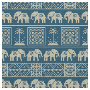 Tissu Eléphants ethniques tendance motif bleu et blanc