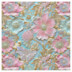Tissu Émaux cloisonnés floraux bleu doux rose doux éléga