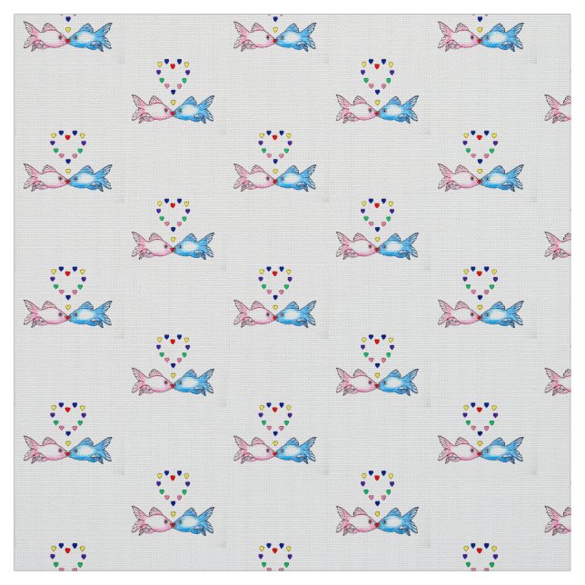 Tissu : "Embrassant des poissons" avec des coeurs (Échantillon)