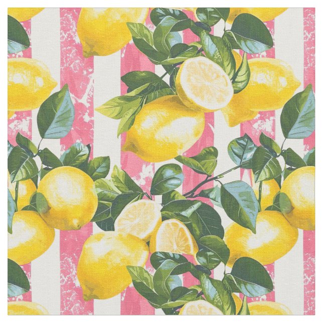 Tissu en coton à rayures roses et citron (Fermer)