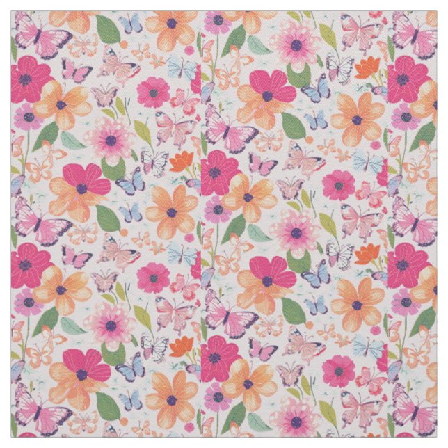 Tissu en coton, fleurs et papillons (Échantillon)
