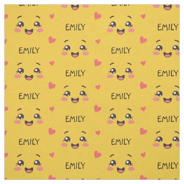 Tissu en coton jaune avec visage mignon Kawaii et  (Échantillon)