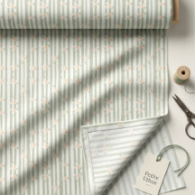 Tissu en coton peigné fleuri mini rayure sage