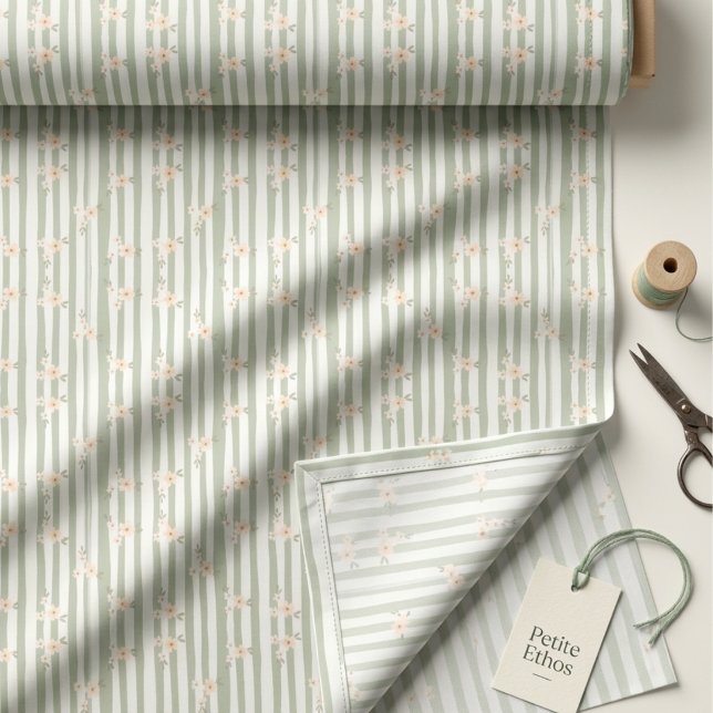 Tissu en coton peigné fleuri mini rayure sage (Créateur téléchargé)