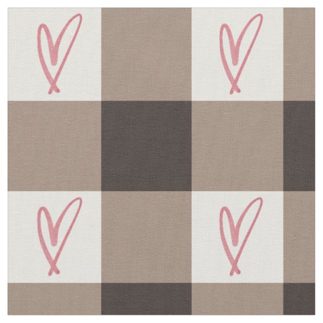 Tissu en coton peigné gingham à coeur marron cacao (Fermer)