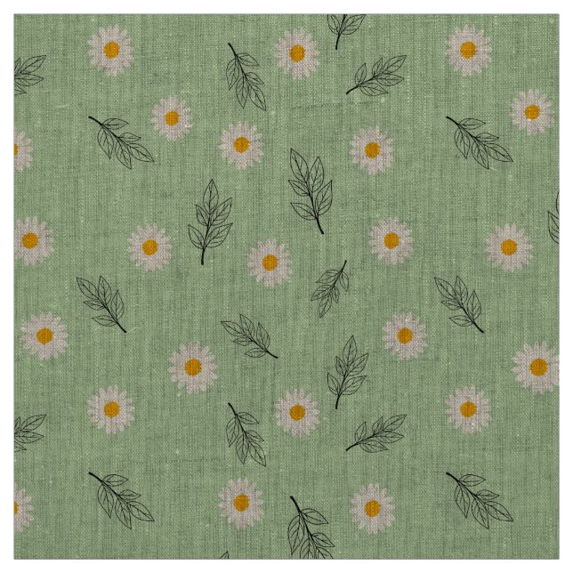 Tissu en lin naturel botanique vert clair à motif  (Échantillon)