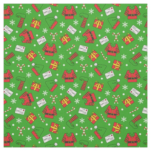 Tissu Enfants amusant Vert et Rouge Elfe de Noël modèle (Échantillon)