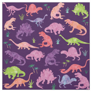 Tissu Enfants Aquarelle Dinosaure Silhouette Pink Purple