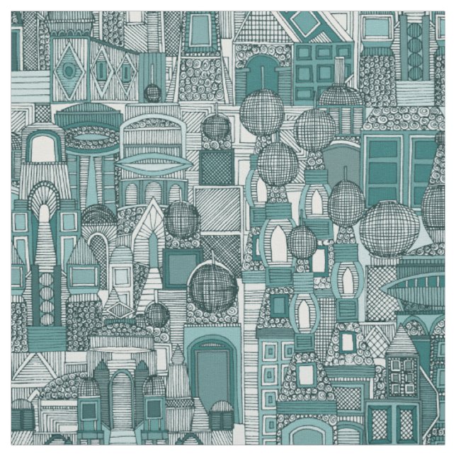 Tissu espace ville soleil turquoise (Échantillon)