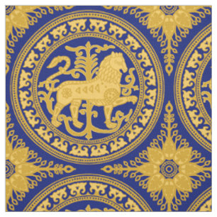 Tissu Esztergom Lion, jaune sur Royal Blue