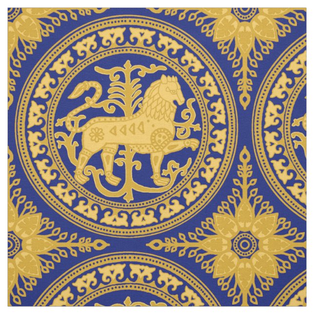 Tissu Esztergom Lion, jaune sur Royal Blue (Échantillon)