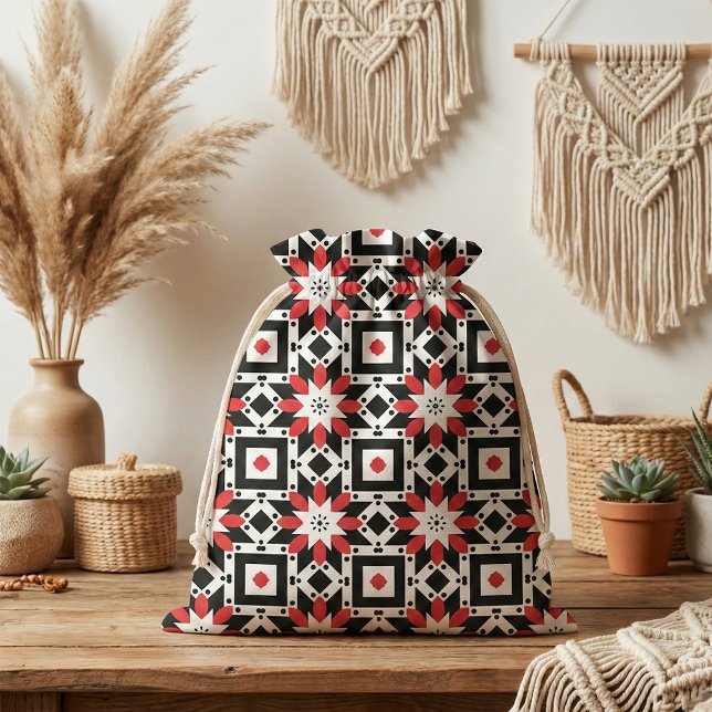Tissu Ethnic Folho rouge noir blanc Motif géométrique (Créateur téléchargé)
