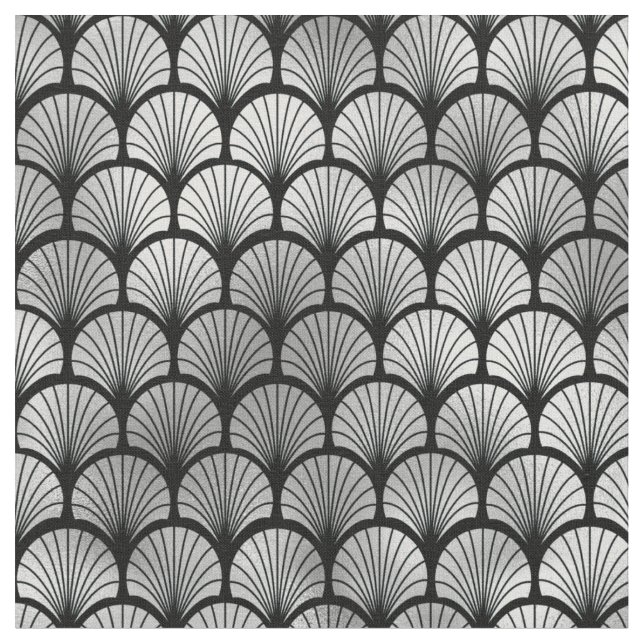 Tissu Éventail Art Déco noir argent écailles de poisson (Fermer)