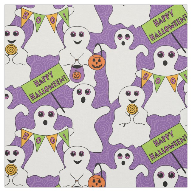 Tissu Fantôme éffrayant sur Motif d'Halloween violet (Échantillon)