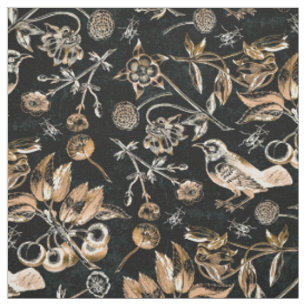 Tissu Faux Oiseaux d'or Beetles Fleurs Cerises Fruits