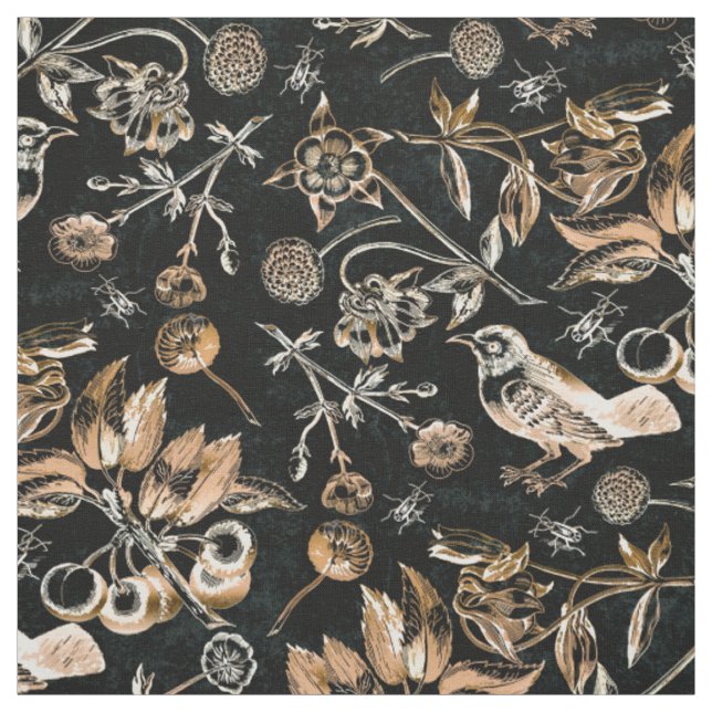 Tissu Faux Oiseaux d'or Beetles Fleurs Cerises Fruits (Échantillon)