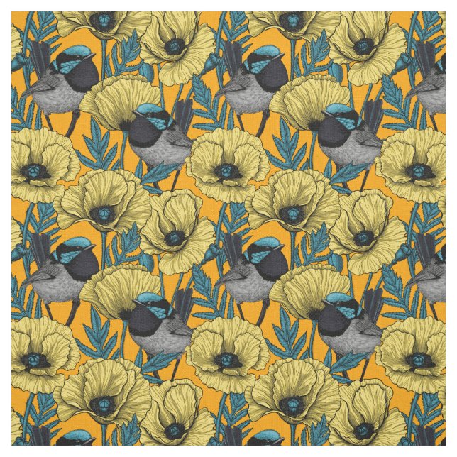 Tissu Fée et pavots en jaune (Échantillon)