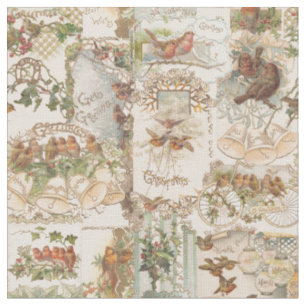 Tissu Festif Vintage Noël Oiseau et Ephémère de fleur