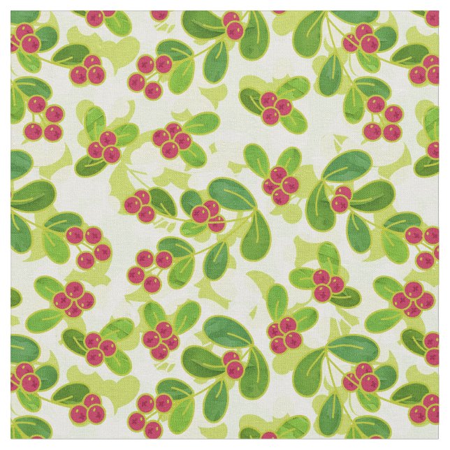 Tissu Festive Motif de fruits de canneberge, vert (Fermer)