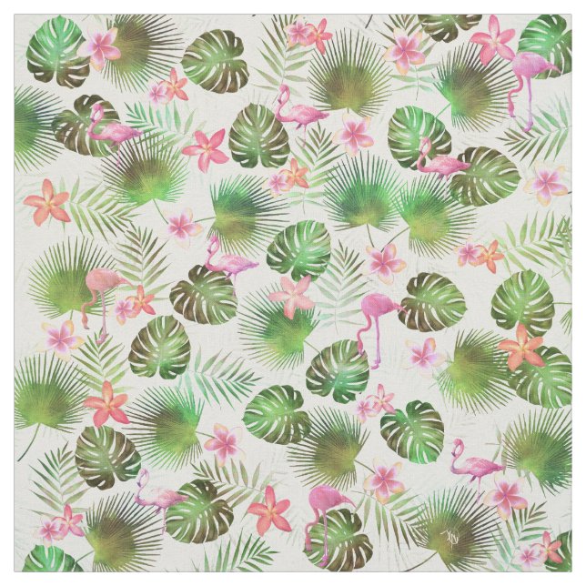Tissu Feuillage et Flamants roses design tropical élégan (Échantillon)