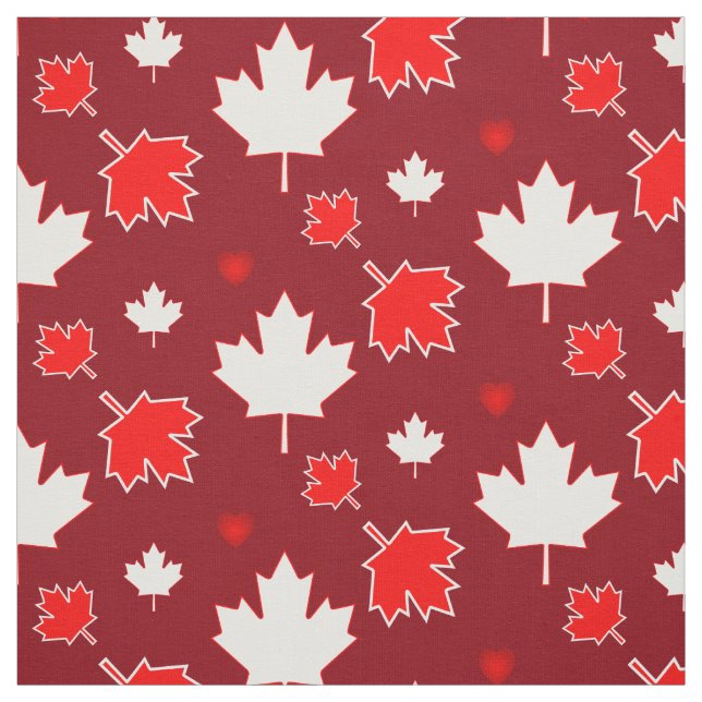 Tissu Feuille d'érable canadienne avec cœurs sur fond ro (Échantillon)