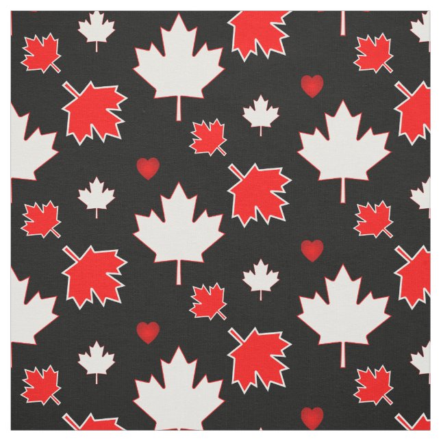 Tissu Feuille d'érable du Canada avec des coeurs en noir (Échantillon)