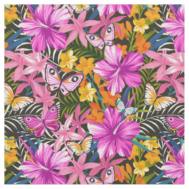 Tissu Feuille et fleurs tropicaux (Fermer)