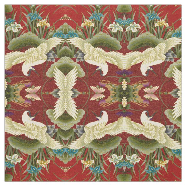 Tissu Feuille et grues de Gingko rouges (Échantillon)