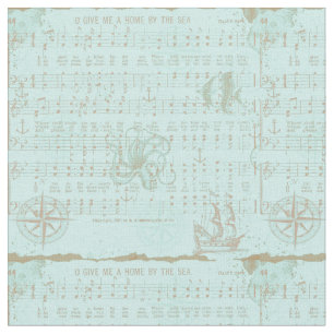 Tissu Feuille musicale nautique turquoise vintage