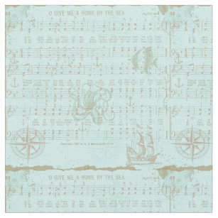 Tissu Feuille musicale nautique turquoise vintage