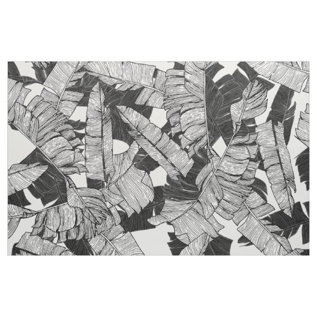 Tissu Feuille tropical noir et blanc moderne de banane (Yard)