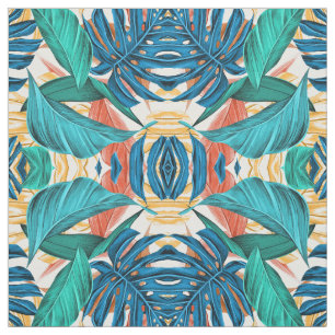 Tissu Feuille tropicaux vert et bleu
