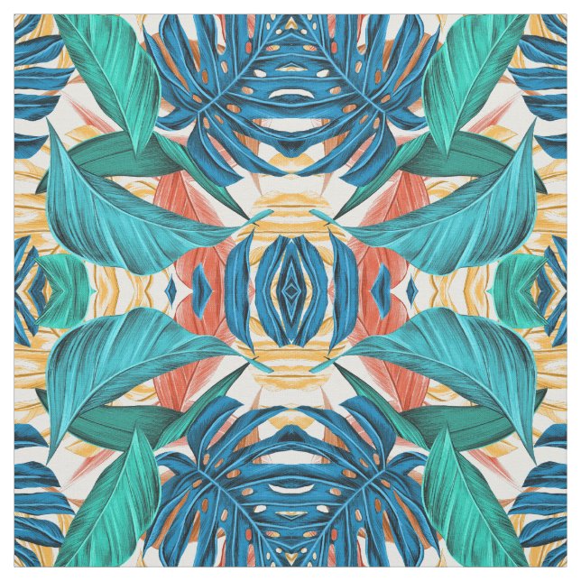 Tissu Feuille tropicaux vert et bleu (Échantillon)