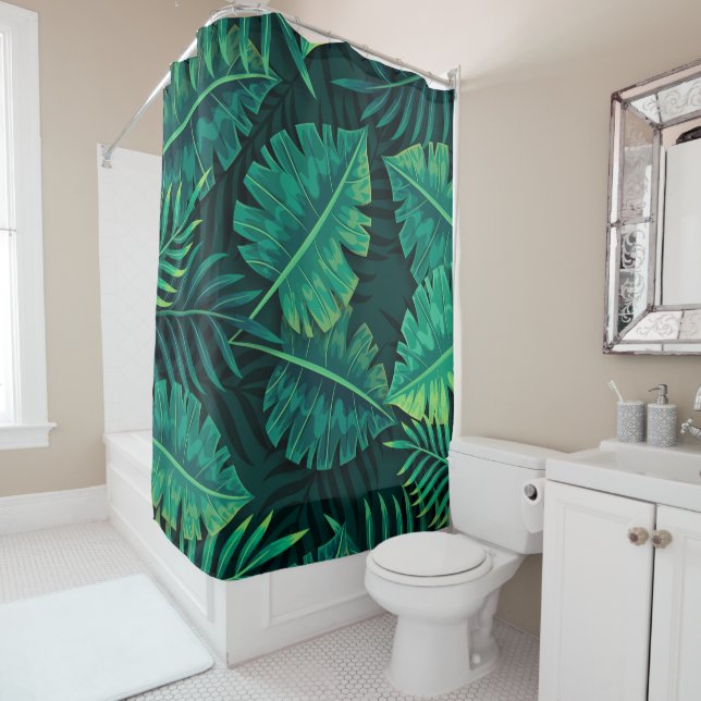 Tissu feuille vert Douche rideau (En situation)
