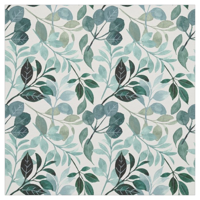 Tissu Feuilles de aquarelle bleu sarcelle blanc (Échantillon)