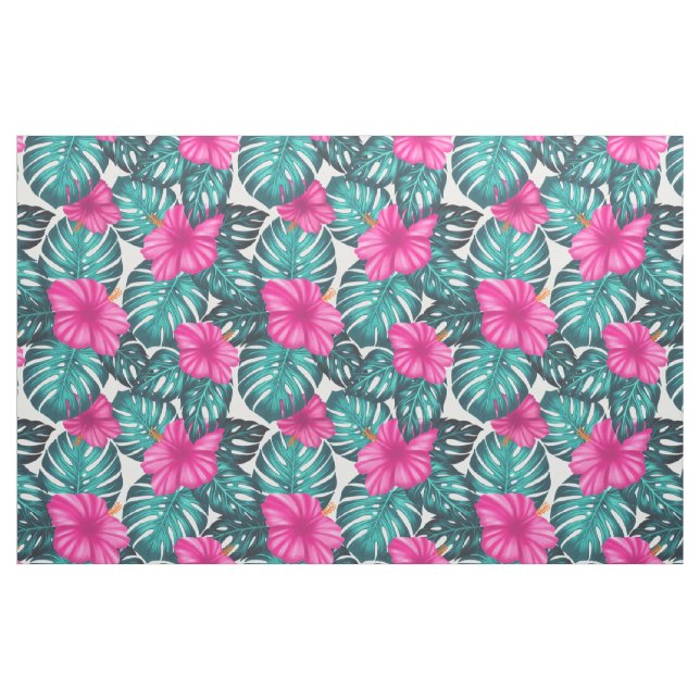 Tissu Feuilles de Monstera et Hibiscus, rose Turquoise s (Fat Quarter)