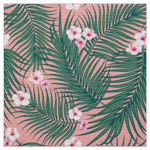 Tissu Feuilles de palmiers tropicaux verts avec fleurs d